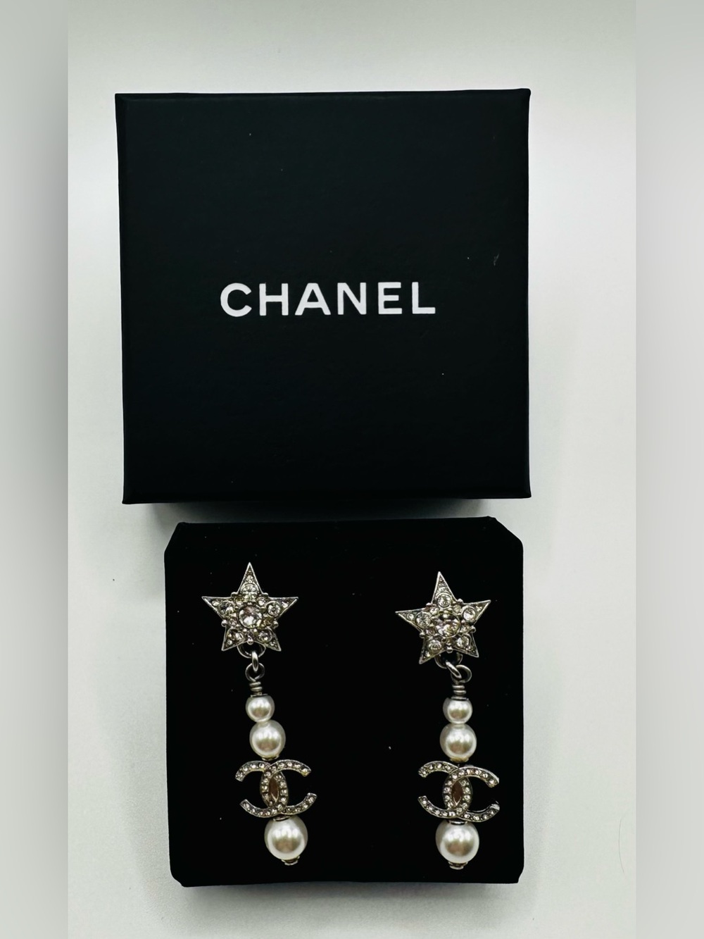 CHANEL Silver Star & Pearl CC Drop Earrings